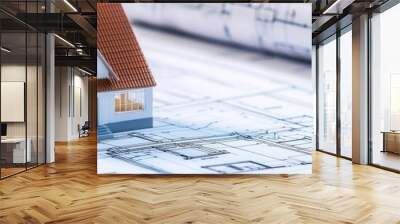 House blueprints on site, architectural plans spread out on a construction table, Planning, residential building Wall mural