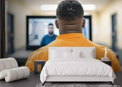 Inmate attending a virtual court hearing from a prison conference room, Digital justice, technology in prison Wall mural