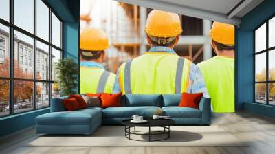 Team of builders on site, group of construction workers building a house together, Collaboration, house construction Wall mural