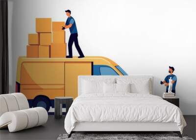 Two workers loading boxes onto a delivery van, showcasing teamwork and logistics in transportation and shipping. Wall mural