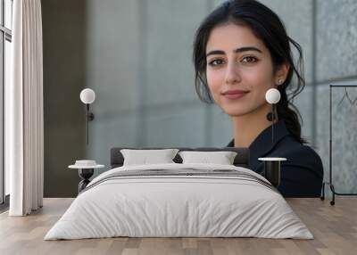 Closeup headshot outdoor portrait of young middle eastern Israel businesswoman standing office building. Successful smiling indian or arabic woman in casual business suit looking aside. Copy space --a Wall mural