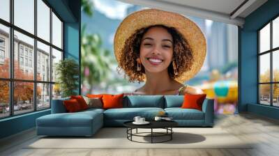 Half length portrait of cheerful african american woman in stylish outfit posing at urban setting of Hong Kong with park amusement on background, positive female tourist enjoying Chinese holidays for  Wall mural