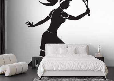 Woman tennis player silhouette illustration, woman tennis player with tennis bat and ball illustration Wall mural