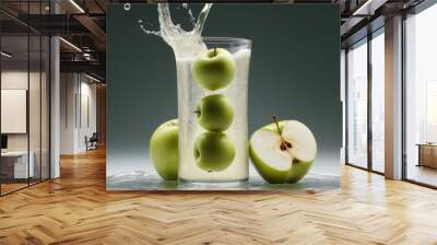 Green apple juice splash in jar and fresh apple fruit slices Wall mural