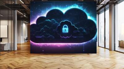 Neon cloud with locked padlock. Concept of data protection, security Wall mural