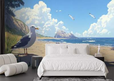 seagull on the beach, anime style Wall mural