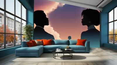 Silhouette african romantic couple with head to head Wall mural