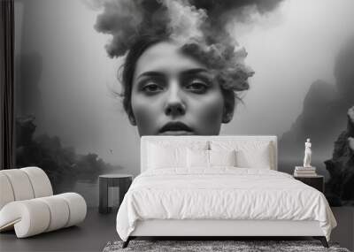 Woman with cloud instead of head, Human mind concept Wall mural