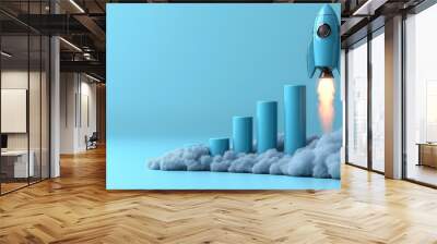 A 3D rocket launching above rising bar graphs, symbolizing business growth, success, progress, and the impact of innovative strategies on achievement Wall mural