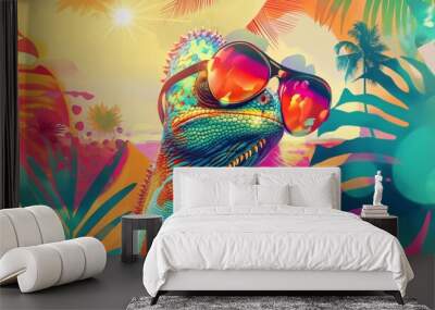 A chameleon sporting sunglasses with a vibrant tropical setting, symbolizing a fun and colorful summer experience, merging wildlife and playful aesthetics Wall mural