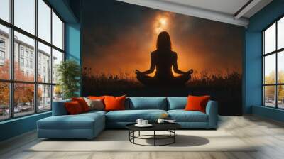 A silhouette of a woman meditating under the night sky, symbolizing inner peace, spirituality, and connection to the universe through meditation, mindfulness and the connection with nature Wall mural