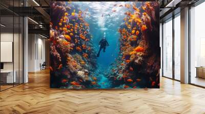 A vibrant coral reef teeming with marine life captured by a scuba diver Wall mural