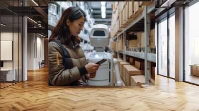 A woman interacting with an AI robot in a warehouse, demonstrating the use of robotics in inventory management and automation within an industrial setting Wall mural