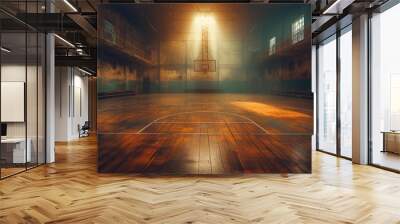 An old empty rustic basketball court with wooden floors and sunlight streaming through high windows in the sports gymnasium creating a nostalgic and serene ambiance Wall mural