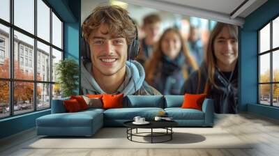 Cheerful young man with headphones in a crowded indoor space Wall mural