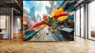 Elderly superhero woman flying over the city Wall mural