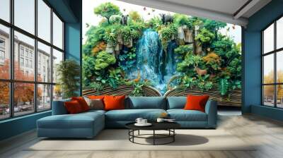 Jungle rainforest with a waterfall coming out of an open story book Wall mural