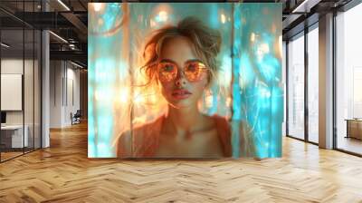 Stylish woman with orange glasses in a neon-lit environment Wall mural