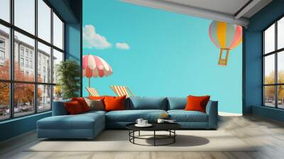 Two deck chairs and an umbrella on a sunny beach with a hot air balloon in the sky and a beach ball in the sand, creating a peaceful and relaxing vacation scene Wall mural