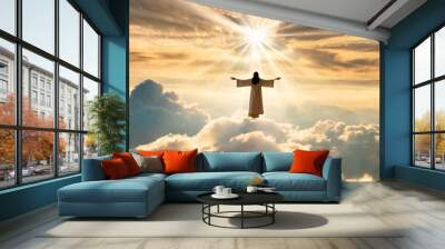 the resurrected jesus christ ascending to heaven above the bright light sky and clouds and god heaven and second coming concept Wall mural