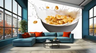 breakfast cereal in a bowl with milk splash isolated png Wall mural