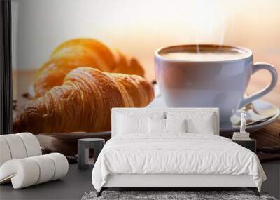 breakfast with cup of coffee and croissants Wall mural