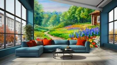 oil painting landscape garden near the house colorful flowers summer forest Wall mural