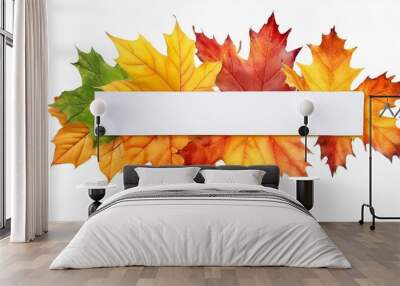 watercolor painted autumn leaves with white paper banner isolated on a white background Wall mural