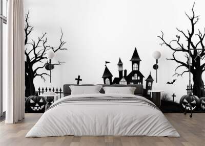 halloween background black and white with pumpkins and bats Wall mural