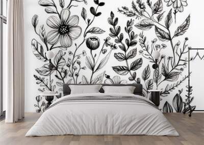 floral and leaf on white background in doodle-style tile designs with graphic format. Wall mural