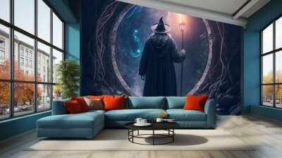 Wizard standing in front of magical portal with wand Wall mural