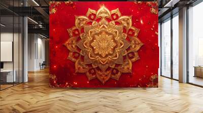 A radiant golden mandala, intricately detailed, shimmers against a deep red background, adorned with golden flecks Wall mural