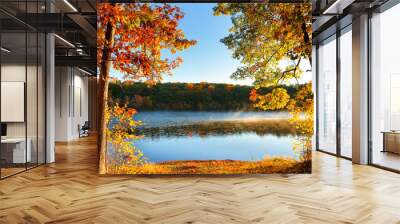 Beautiful Sunrise over a lake with fall foliage in foreground, Boston Massachusetts. Wall mural