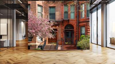 Closeup of brick house and cherry blossom in Boston historical Back Bay, Boston Massachusetts Wall mural