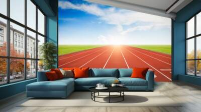 Athlete running track with number on the start. Day scene Wall mural