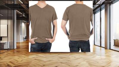 Close up of man in front and back brown shirt on white backgroun Wall mural