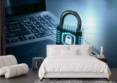 Cybersecurity with lock symbol on modern laptop screen. Protection and firewall concept. Wall mural