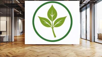 A green vegan leaf logo with two leaves inside a circle on a white background Wall mural