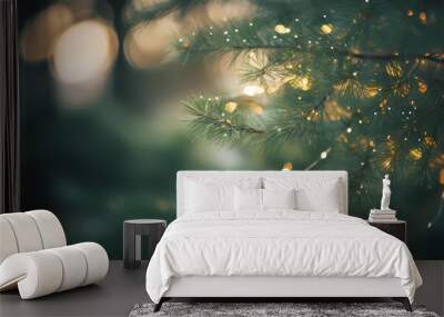 christmas tree with lights in a christmas forest background Wall mural