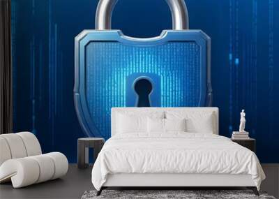 cyber security - padlock with a digital keyhole on a blue background with binary code and light effects Wall mural