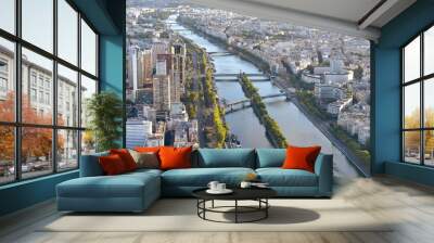 Parisian cityscape at sunset, view from Eiffel Tower with bridges over the Seine River and Ile aux Cygnes. Paris, France. Wall mural