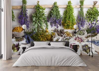 Healing medical herbs in a linen sacks. Wall mural