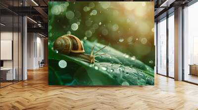 A cute little snail crawling on a green leaf, with the background blurred by raindrops and natural light, Generative AI illustrations. Wall mural