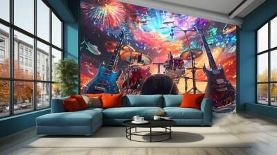 a drum set with a drum set and a drum set with a colorful background Generative AI illustrations Wall mural