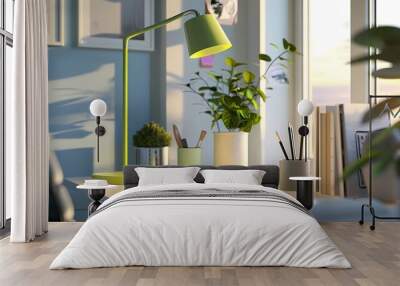 A green stand lamp with a long, rounded rectangular base, topped by a circular object, placed on a white desk, Generative AI illustrations.  Wall mural