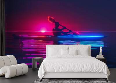 A neon logo of an olympic rower in the distance sitting inside his kayak with blue and pink lights on dark background, Generative AI illustrations. Wall mural