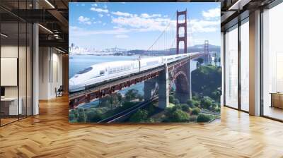 A white golden gate bridge, seen from the side, trains on the bridge, city on the other side, blue sky, natural light, Generative AI illustrations.  Wall mural