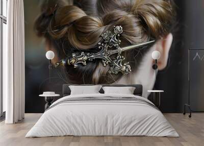 An ornate rapier hair pin in the hair bun of a female, Generative AI illustrations.  Wall mural