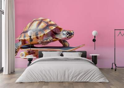 Turtle riding skateboard isolated on pastel pink background. Accelerated development, giving incentives to slow business, speed up of sports success. Creative concept of transport. Wall mural