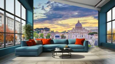 A view along the Tiber River towards St. Peter's Basilica and the Vatican in Rome, Italy. Wall mural